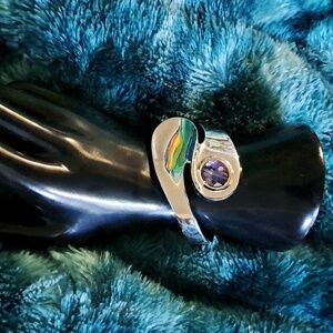 Vintage Cuff Watch Silvertone and Purple Cut Crystal Stone. Hand Fabricated